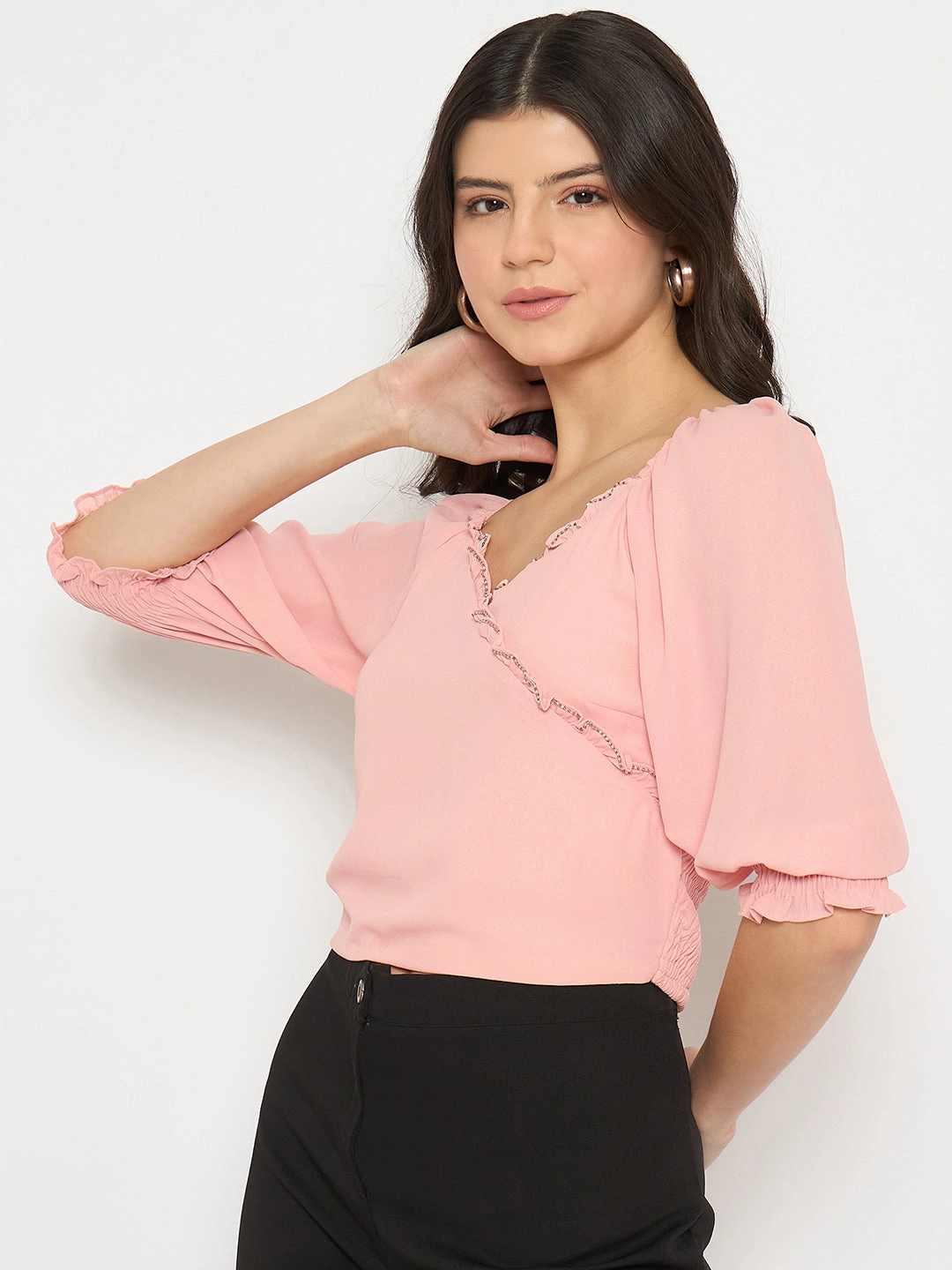 Madame Surplice Neck Peach Wrap Crop Top WrinkleResistant Cloth