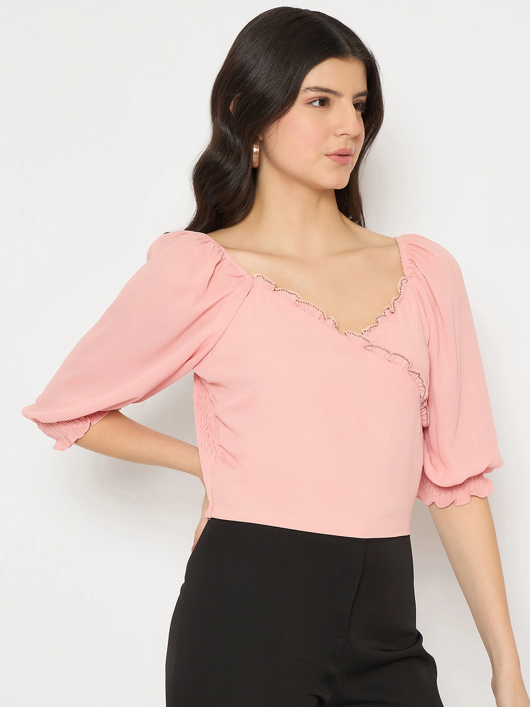 Quick Release Buttons Madame Surplice Neck Peach Wrap Crop Top