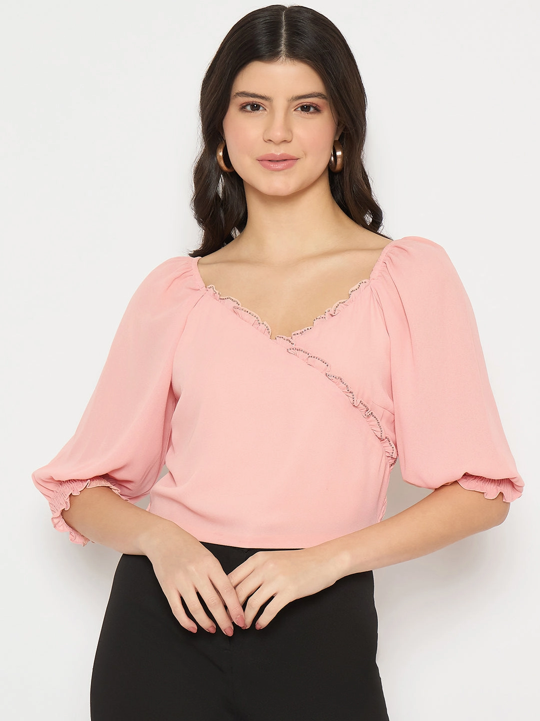 Layered Hemline Recycled Polyester Fabric Madame Surplice Neck Peach Wrap Crop Top