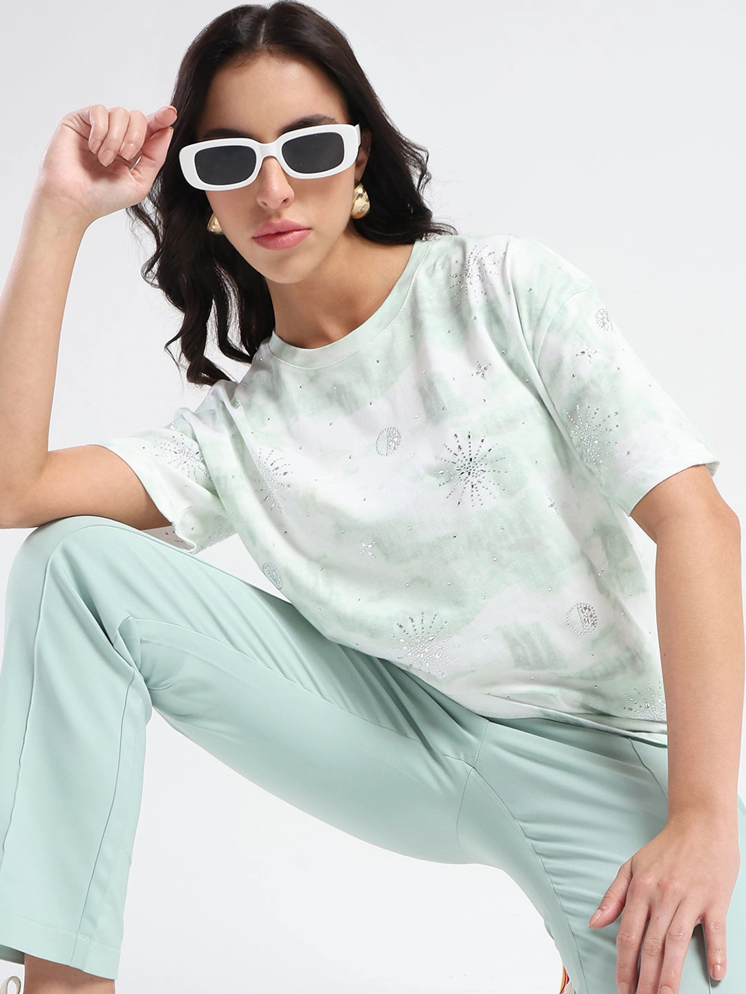 Madame Swarovksi Detailed Tie and Dye Sea Green T-shirt Holiday Trend Low Impact Manufacturing