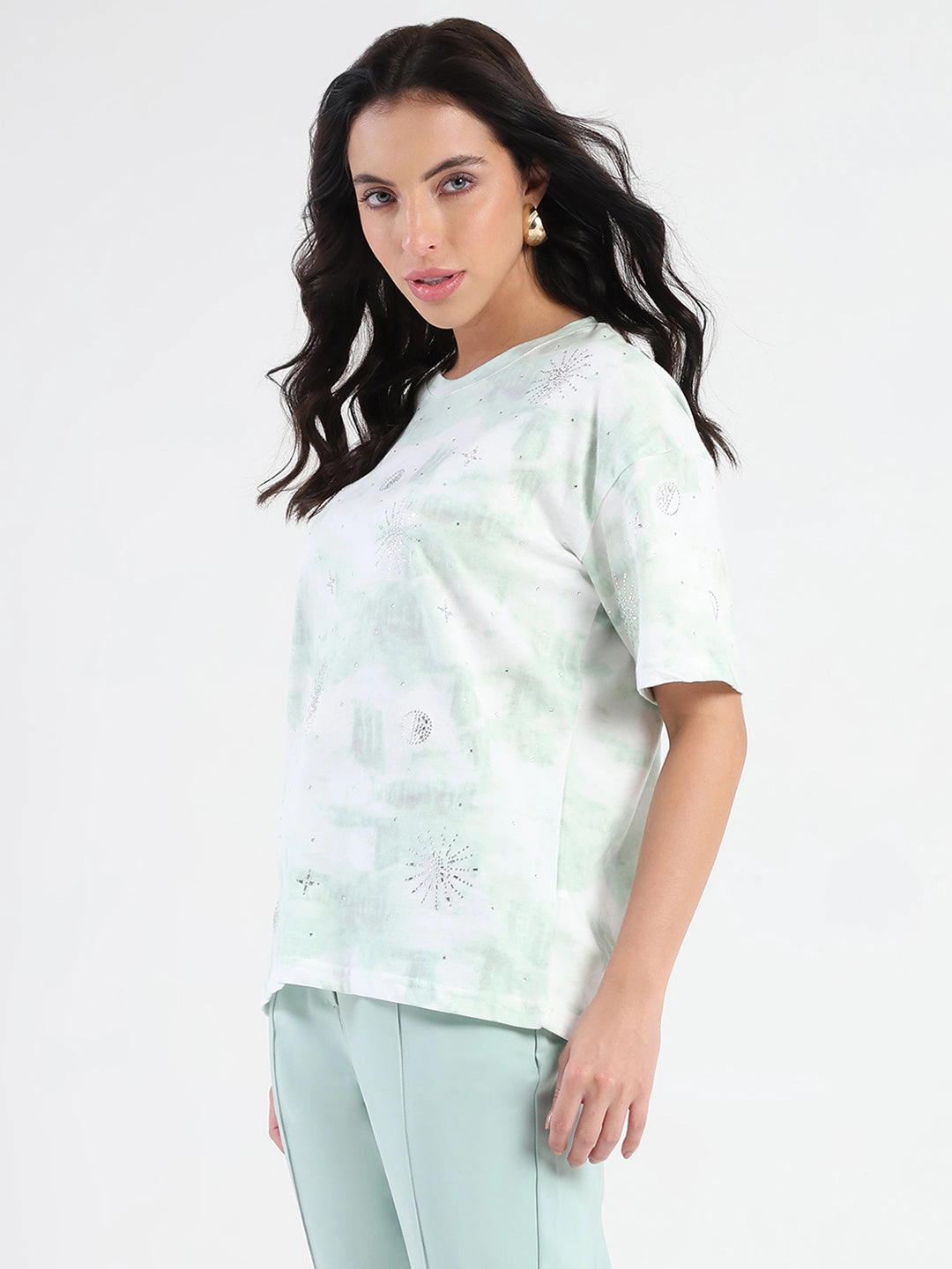 Urban Style Madame Swarovksi Detailed Tie and Dye Sea Green T-shirt