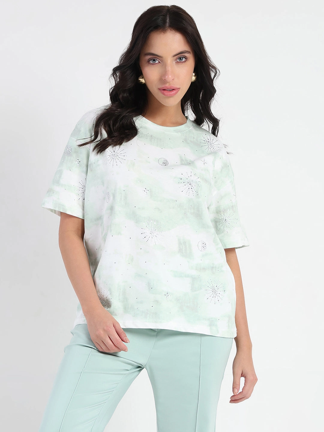 Madame Swarovksi Detailed Tie and Dye Sea Green T-shirt Bright Color Breathable Design Wear