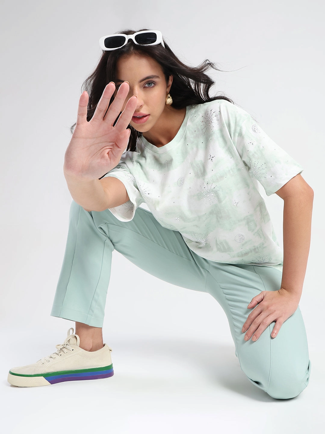 Madame Swarovksi Detailed Tie and Dye Sea Green T-shirt Street Trendy No Slip Shoulder Design