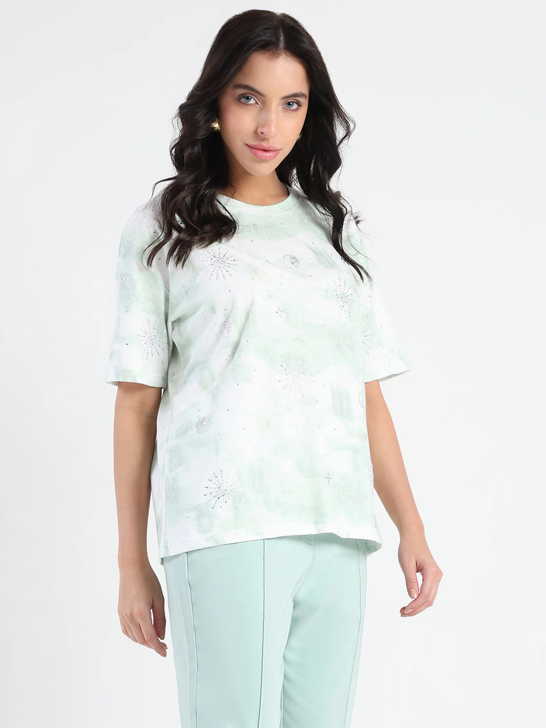 Madame Swarovksi Detailed Tie and Dye Sea Green T-shirt Perfect Design