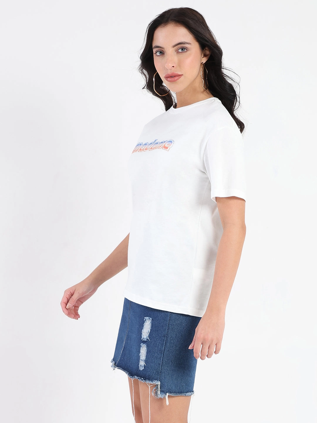 Madame Swarovski and Graphic Print White Cotton T-shirt Durable Color Retention Sleek Stretch