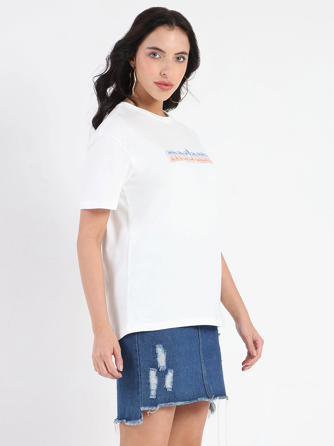 ZeroDistressFinish Flexible Weave Madame Swarovski and Graphic Print White Cotton T-shirt