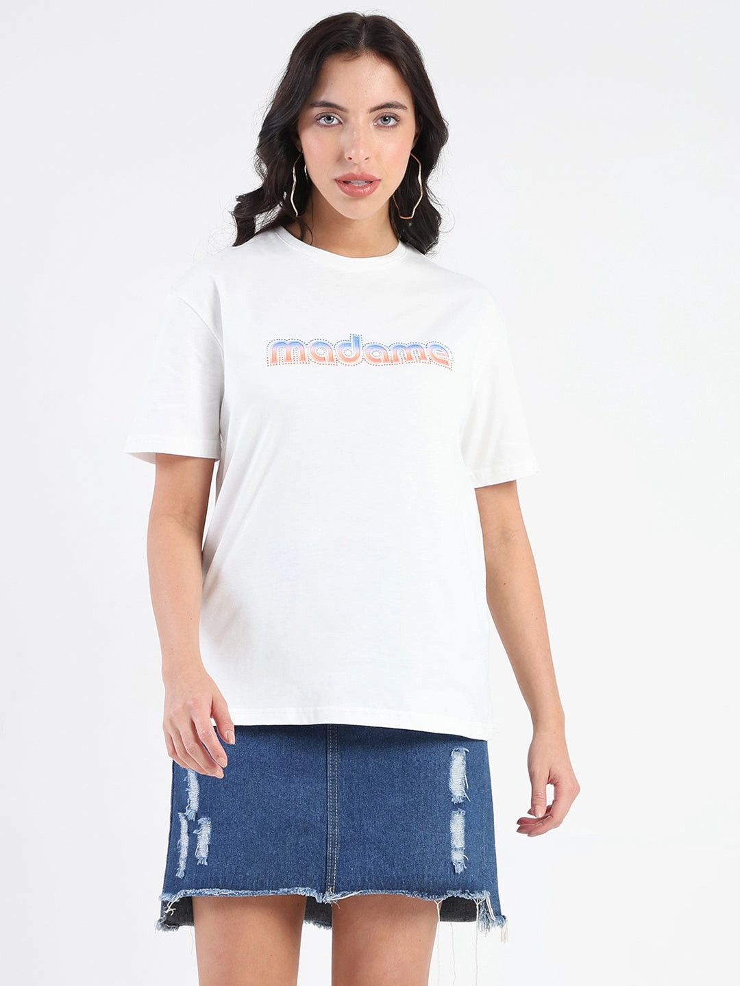 Madame Swarovski and Graphic Print White Cotton T-shirt Versatile Comfort Wear Cold Wash Optimized