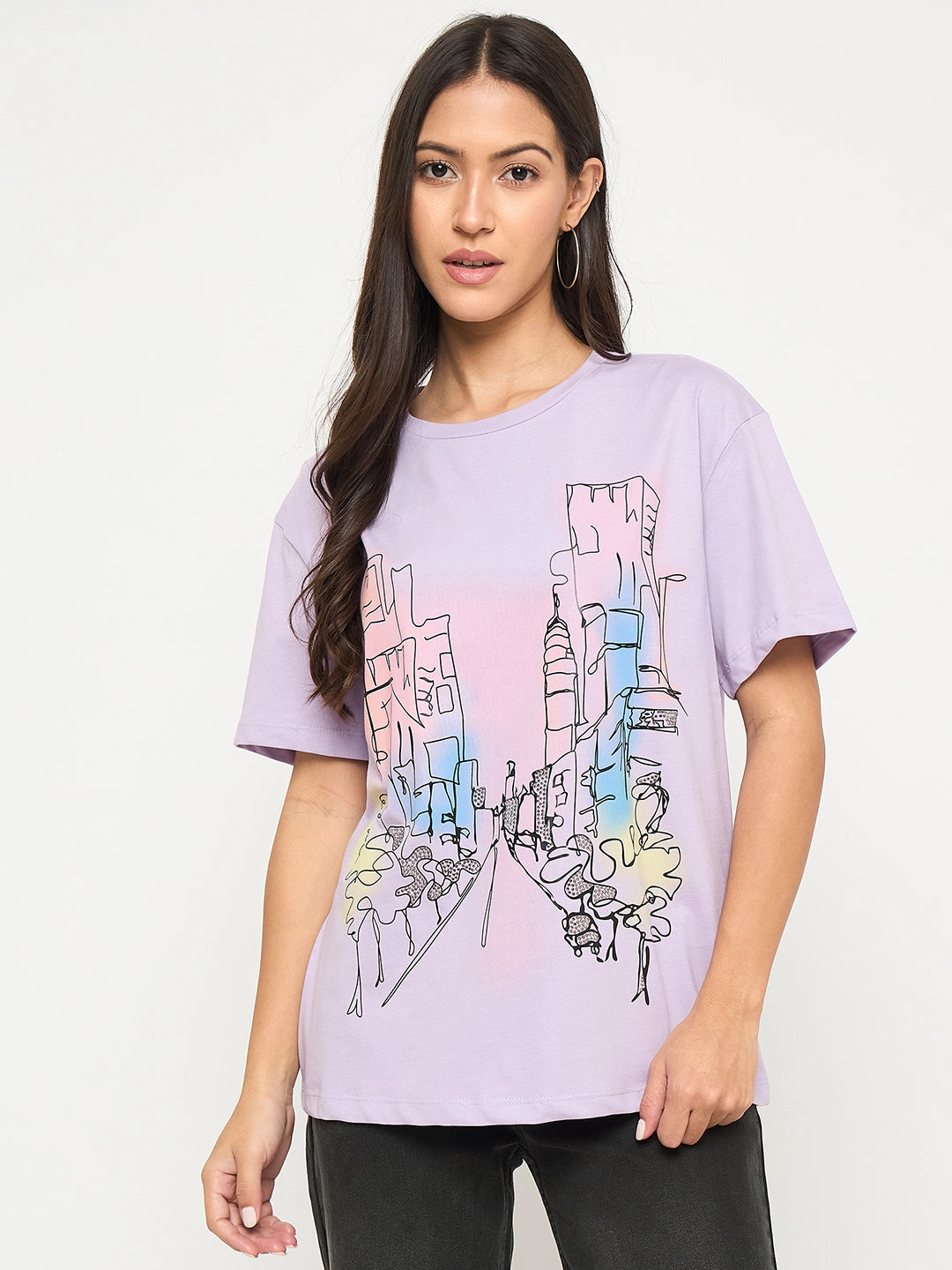 Madame Swarovski Detail Graphic Print Cotton Lilac T-shirt AllWeatherComfort Essential Wardrobe