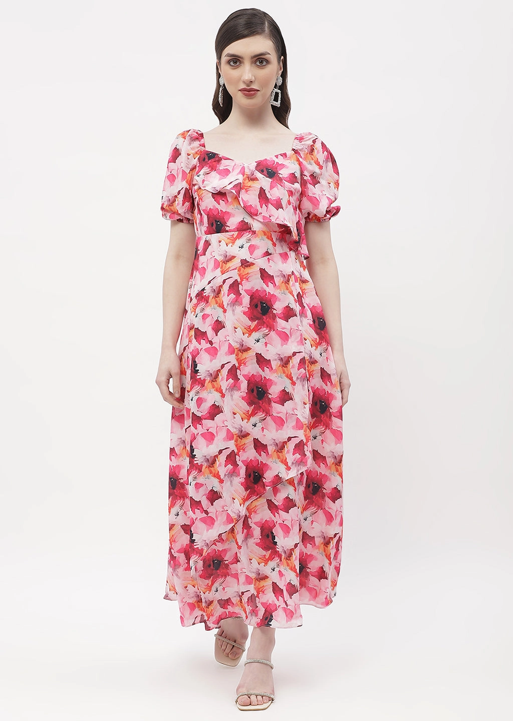 Madame Sweetheart Neck Hot Pink Floral Maxi Dress Villa Mood All Gender Fit
