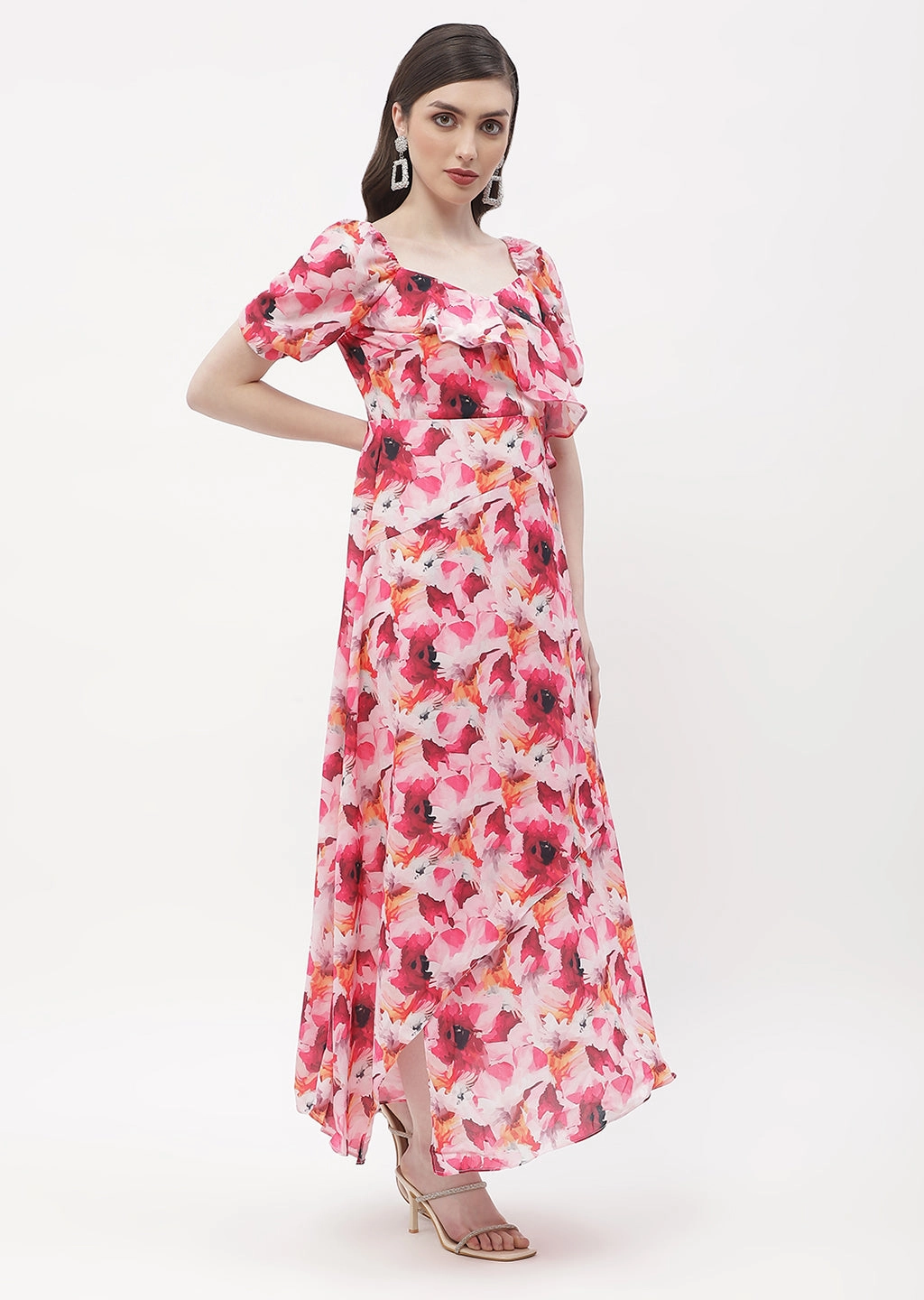 Urban Classic Layered Movement Madame Sweetheart Neck Hot Pink Floral Maxi Dress