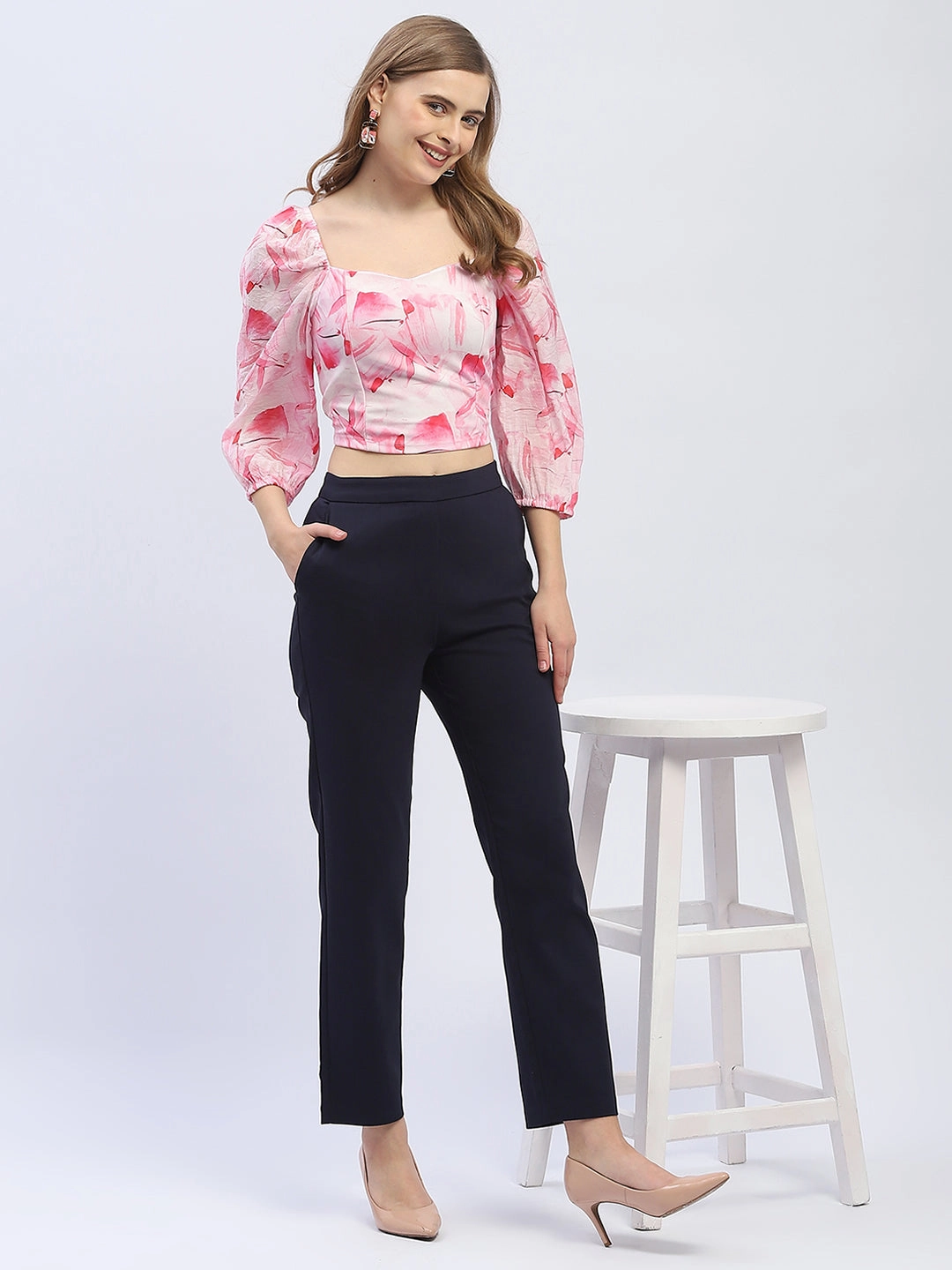 Soft Knit Madame Sweetheart Neck Pink Floral Top