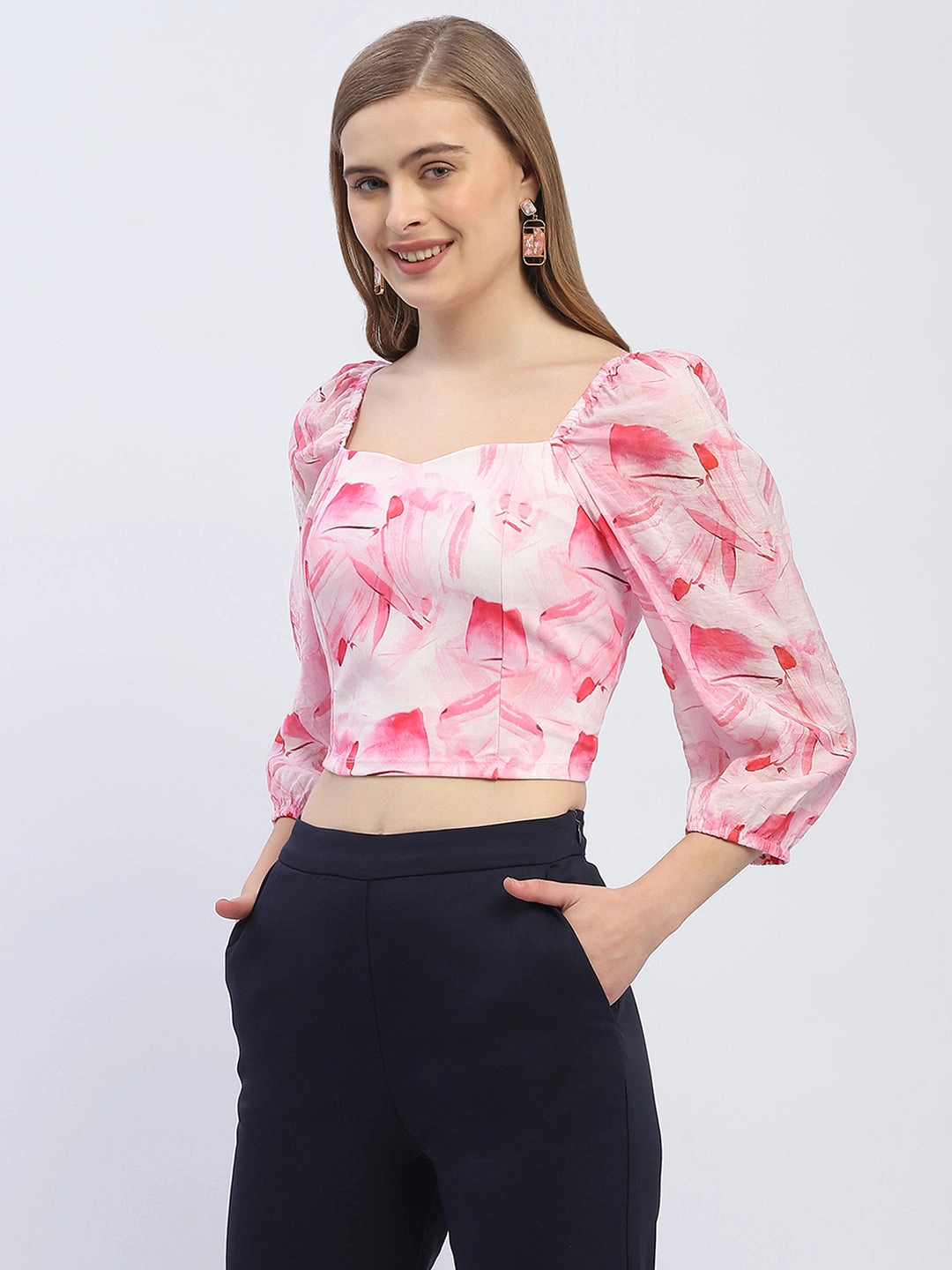 Madame Sweetheart Neck Pink Floral Top Printed T-shirt