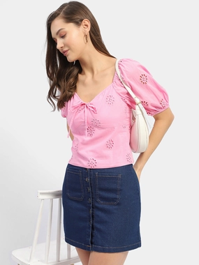 Madame Sweetheart Neck Pink Schiffli Top elegant design Luxurious Feel