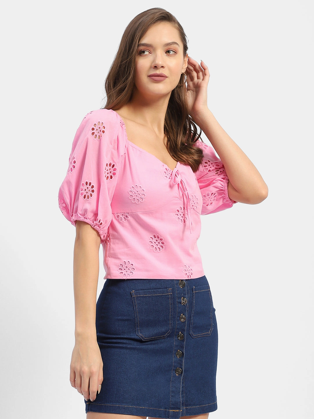 Madame Sweetheart Neck Pink Schiffli Top Reflective Trim