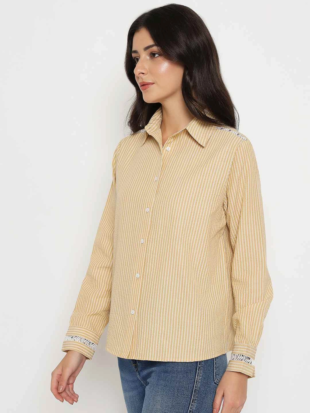 Odor control Minimalist Closure Madame Textured Embroidered Accents Beige Shirt