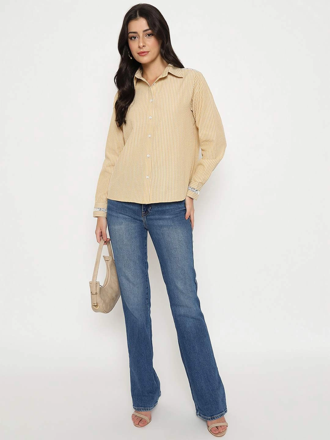 Madame Textured Embroidered Accents Beige Shirt Non Iron