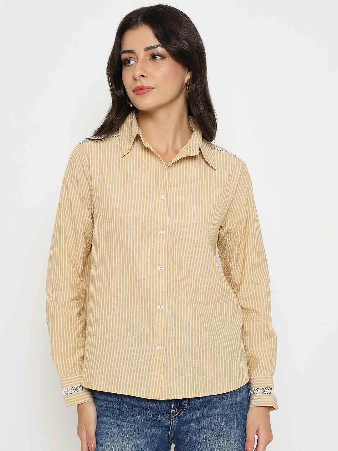Button-up Madame Textured Embroidered Accents Beige Shirt