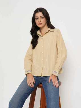 Madame Textured Embroidered Accents Beige Shirt Slim Silhouette