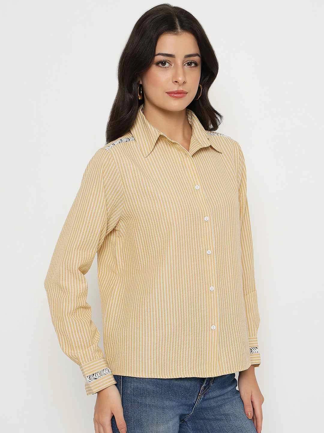 Madame Textured Embroidered Accents Beige Shirt Petite Option