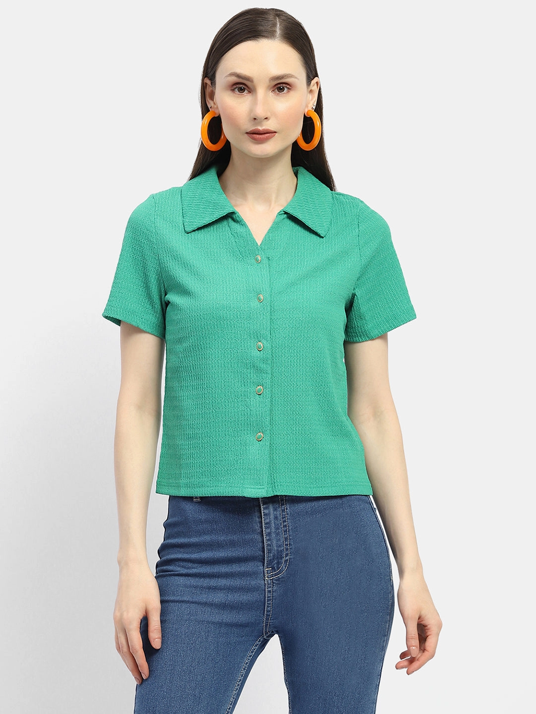 Dressy look Madame Textured Green Half Sleeve Shirt