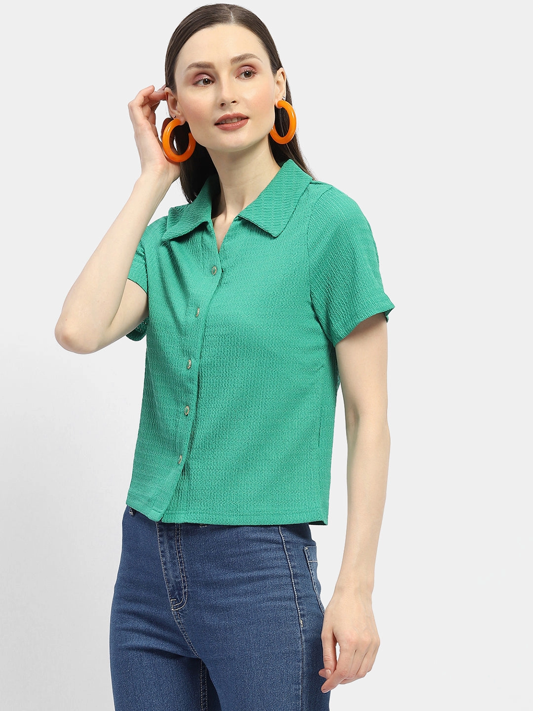 Madame Textured Green Half Sleeve Shirt Winter Fashion