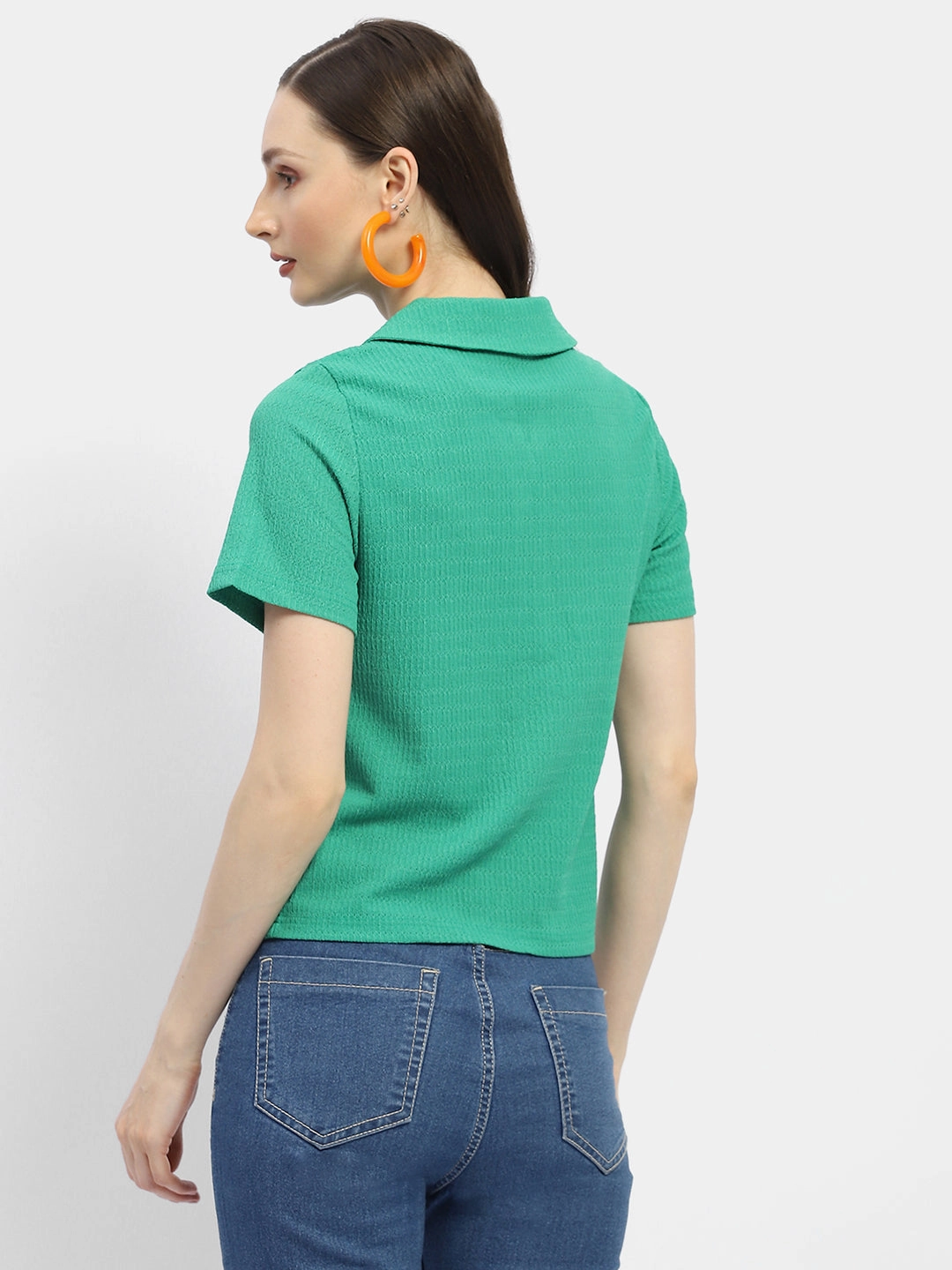 Madame Textured Green Half Sleeve Shirt hypoallergenic material