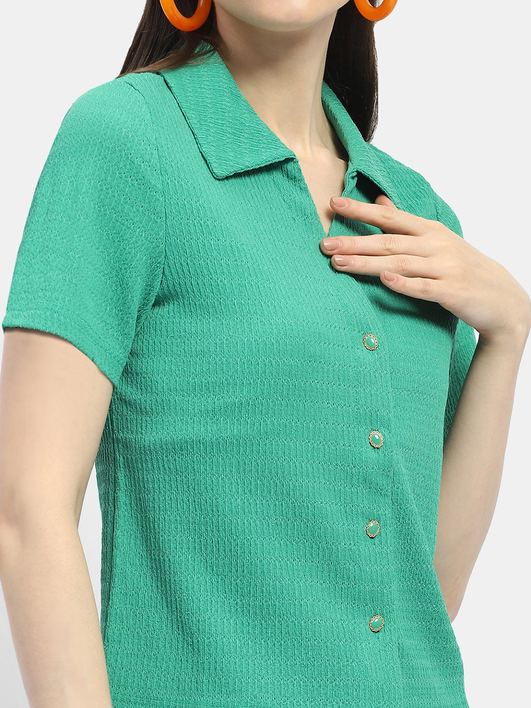 Madame Textured Green Half Sleeve Shirt Durable Thread Construction Stretchy Cloth