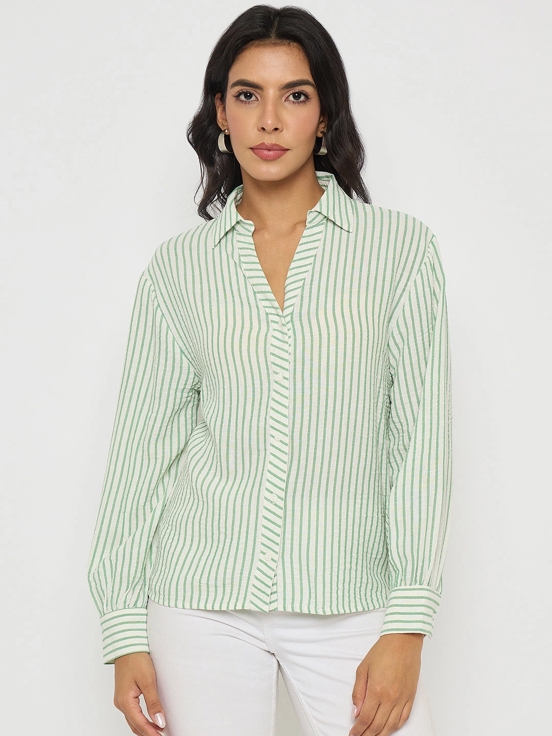 Madame Textured Green Striped Shirt Moisture Wicking Material
