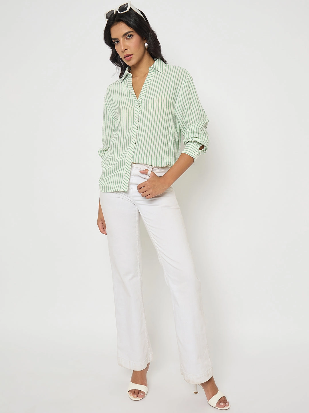 Chic Look Modern Look Madame Textured Green Striped Shirt