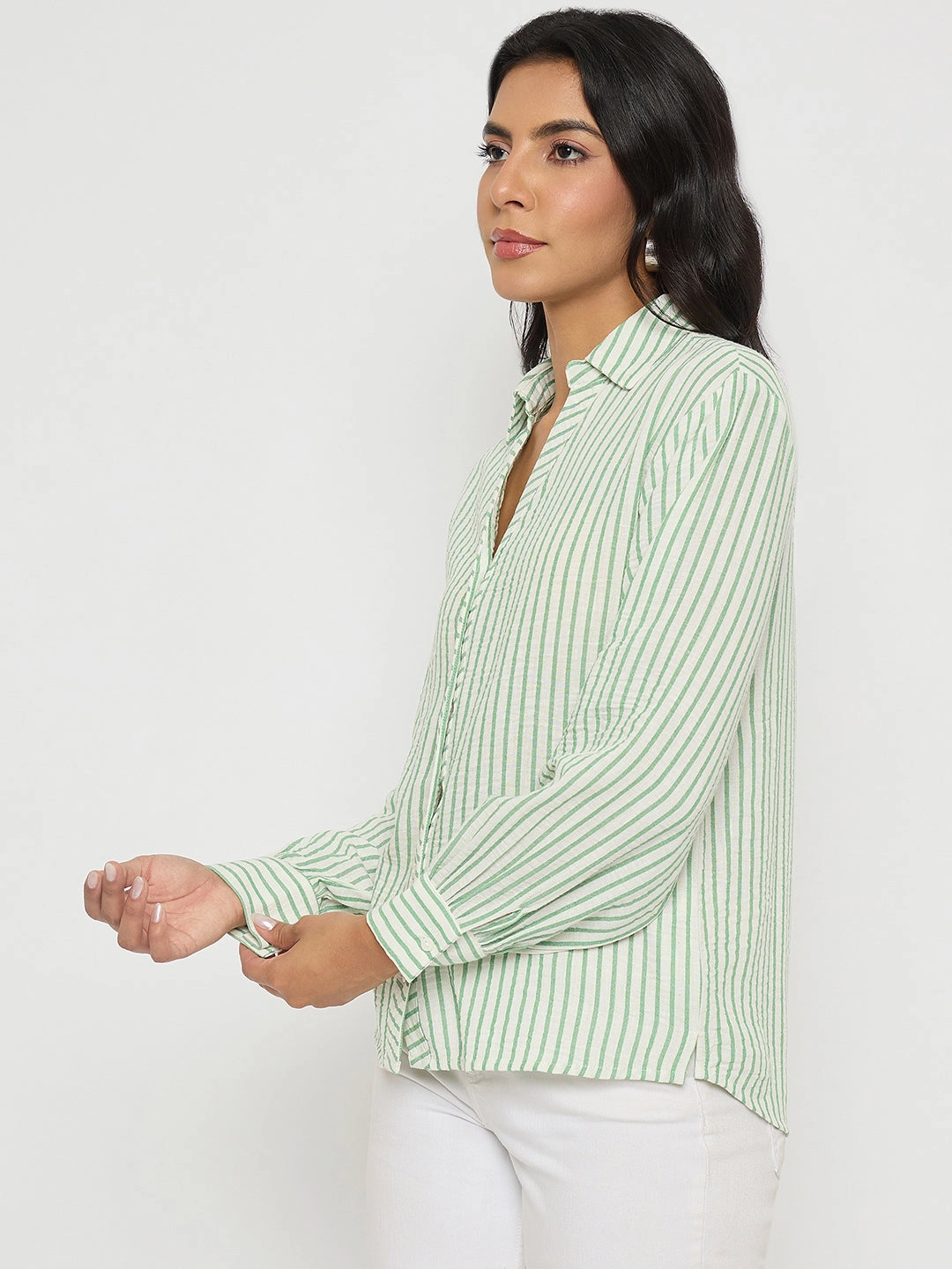 Madame Textured Green Striped Shirt Smooth Zipper Design