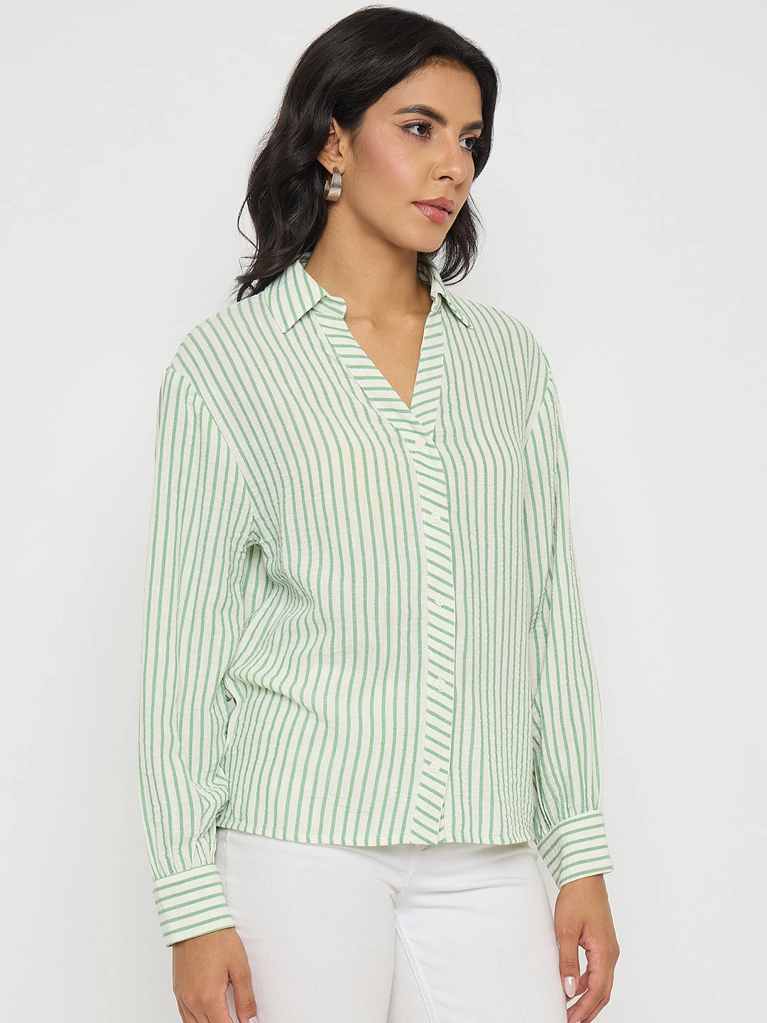 Madame Textured Green Striped Shirt Chilly Weather Wear