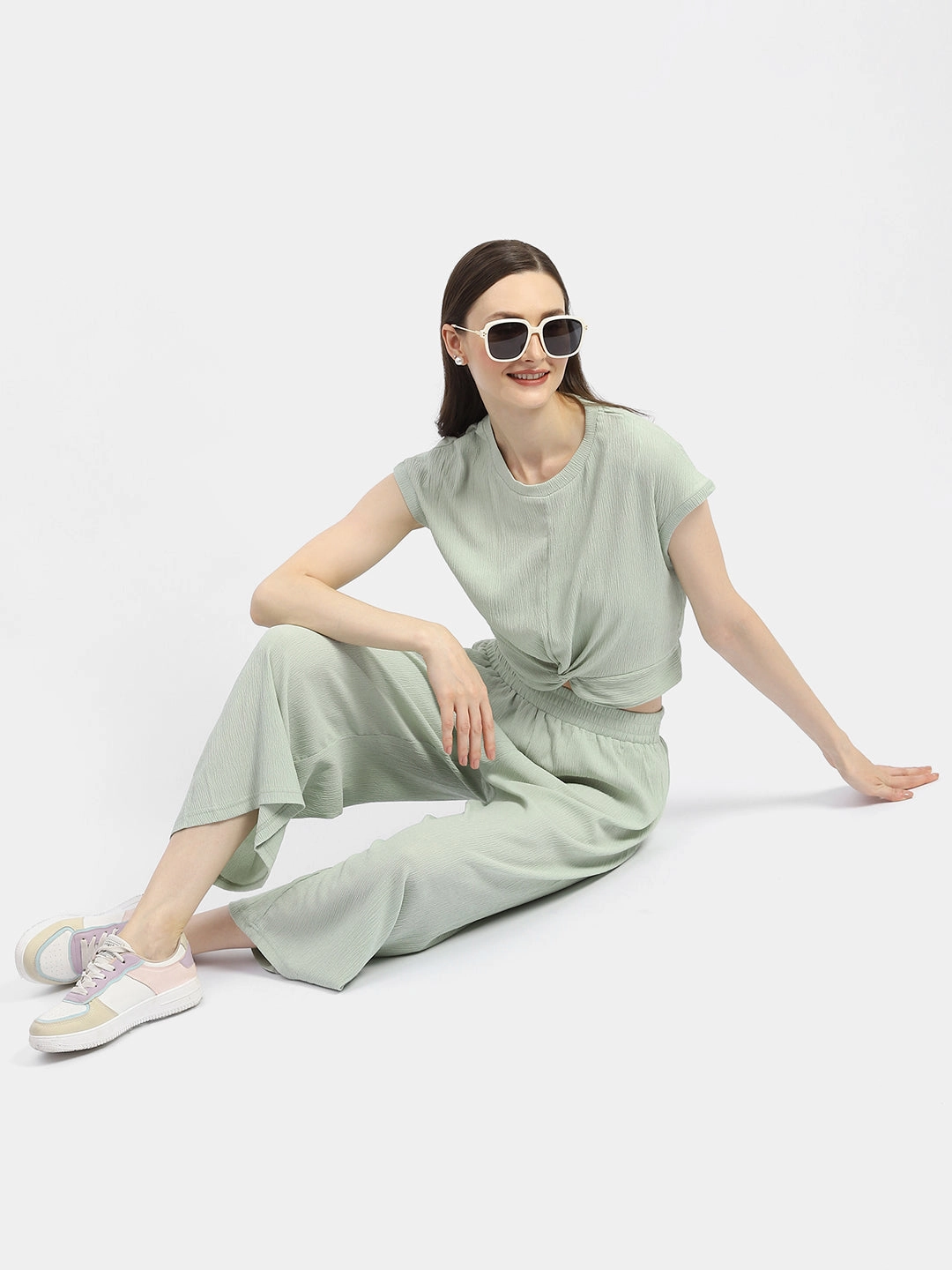 Quick Match Madame Textured Mint Green Knotted Co-Ord Set