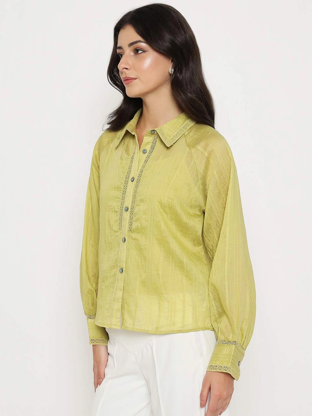 Fashionable Comfort Round Collar Madame Textured Nylon Blend Cyber Lime Full Sleeve Shirt
