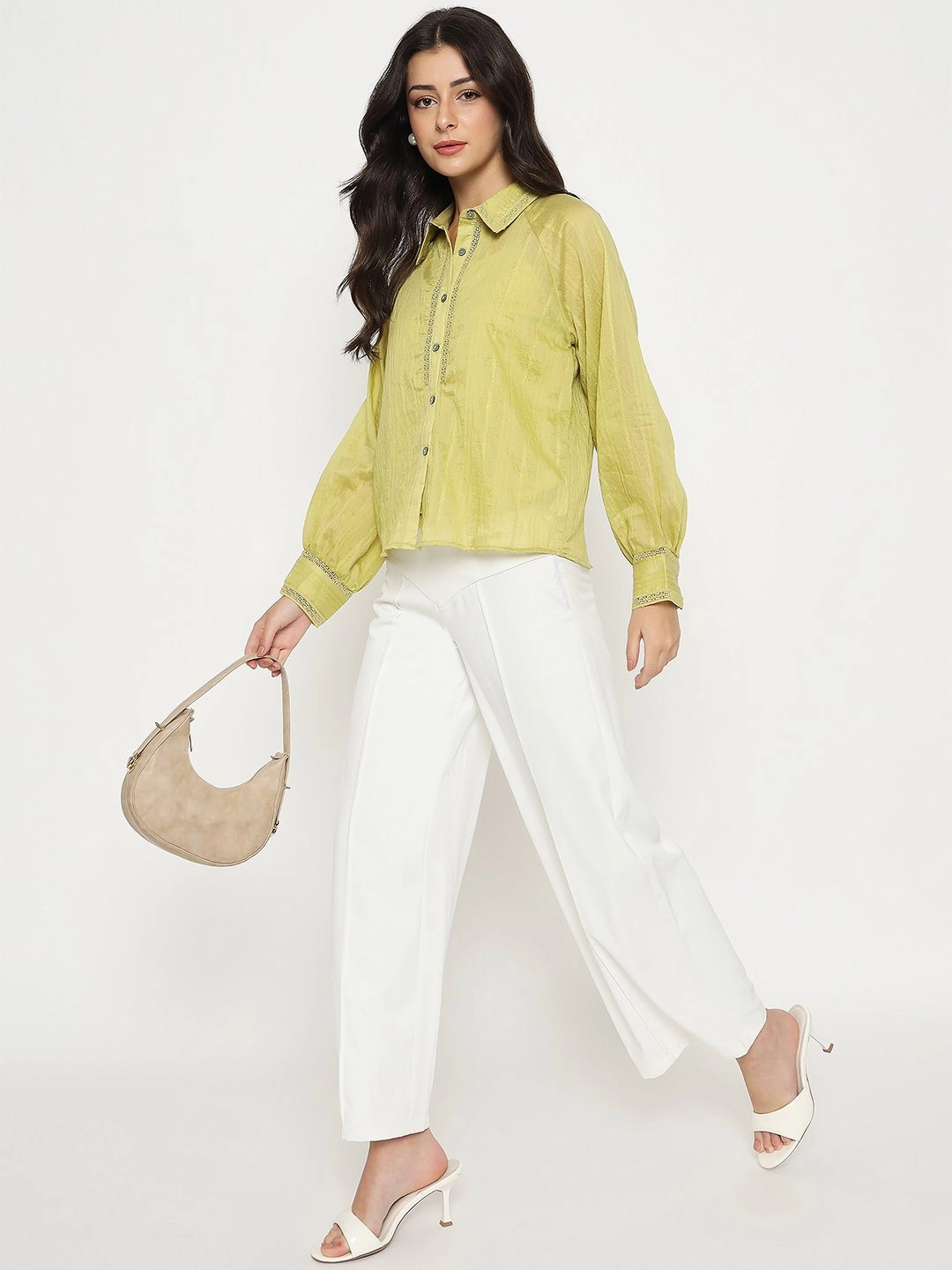 Street Comfort Madame Textured Nylon Blend Cyber Lime Full Sleeve Shirt