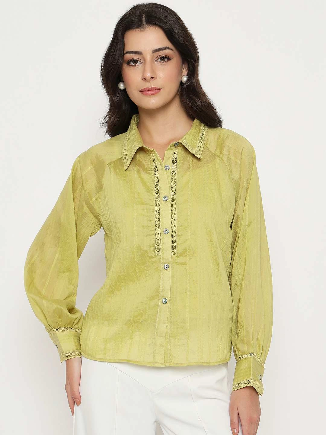 Chic Ensemble Madame Textured Nylon Blend Cyber Lime Full Sleeve Shirt