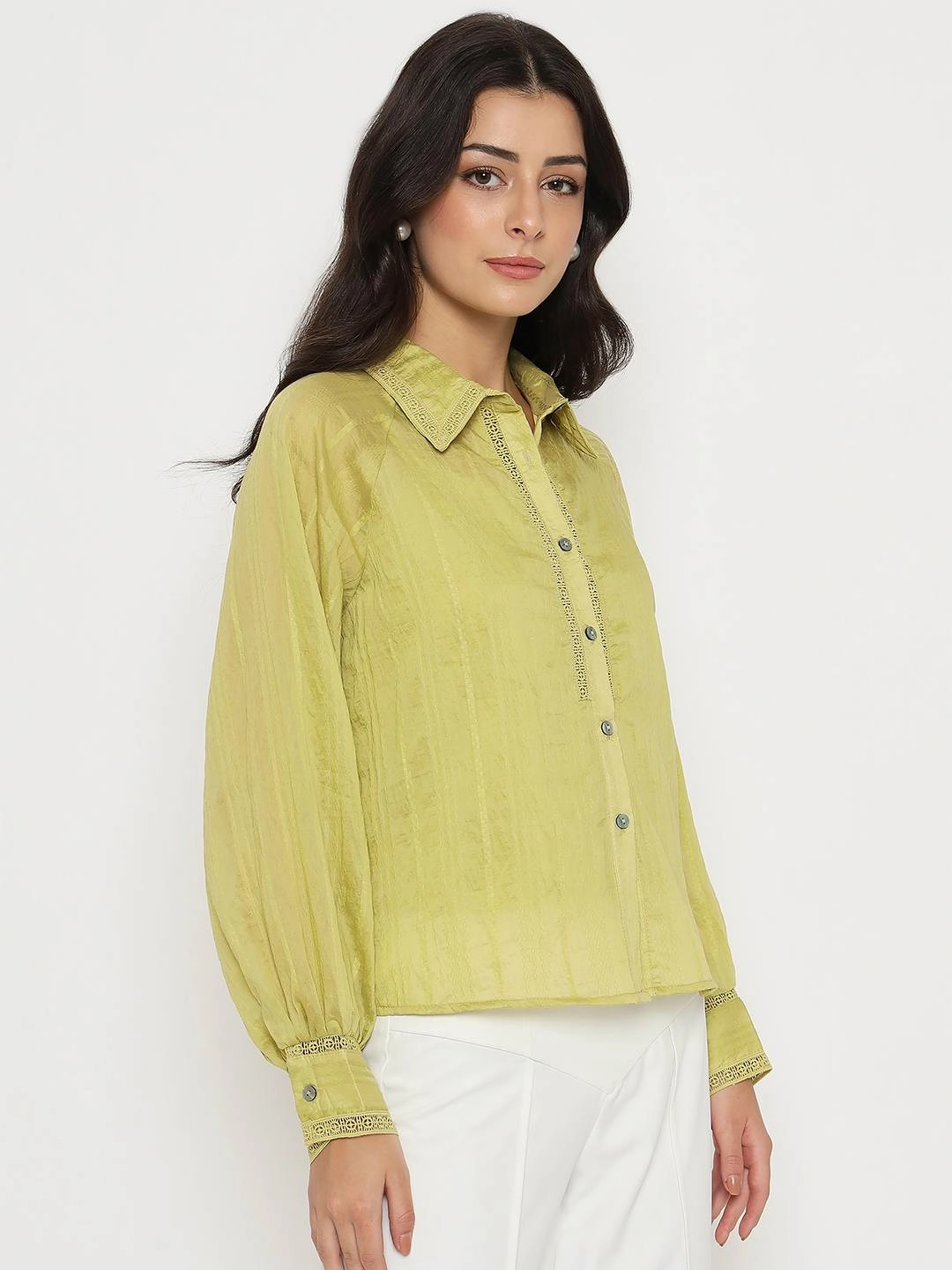 Madame Textured Nylon Blend Cyber Lime Full Sleeve Shirt Plus Size Fit Anti Pilling Treatment