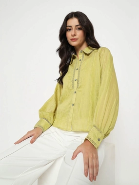 Madame Textured Nylon Blend Cyber Lime Full Sleeve Shirt Lounge Comfort