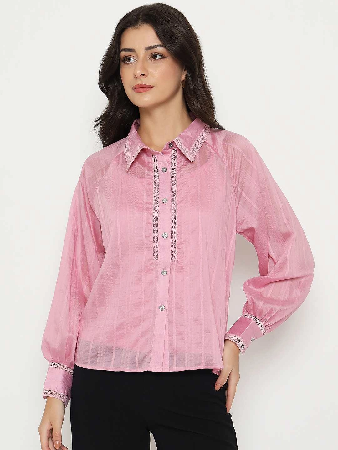 Subtle pattern Madame Textured Nylon Blend Pink Full Sleeve Shirt
