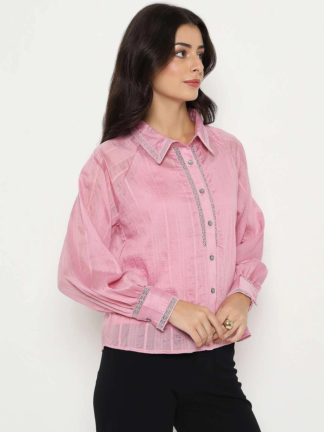 Casual Look Functional Fashion Madame Textured Nylon Blend Pink Full Sleeve Shirt