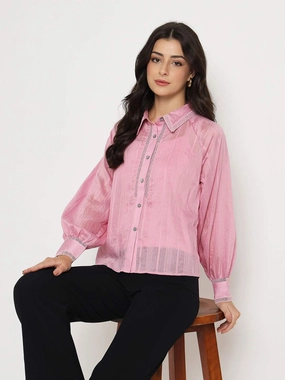 Boho chic Madame Textured Nylon Blend Pink Full Sleeve Shirt