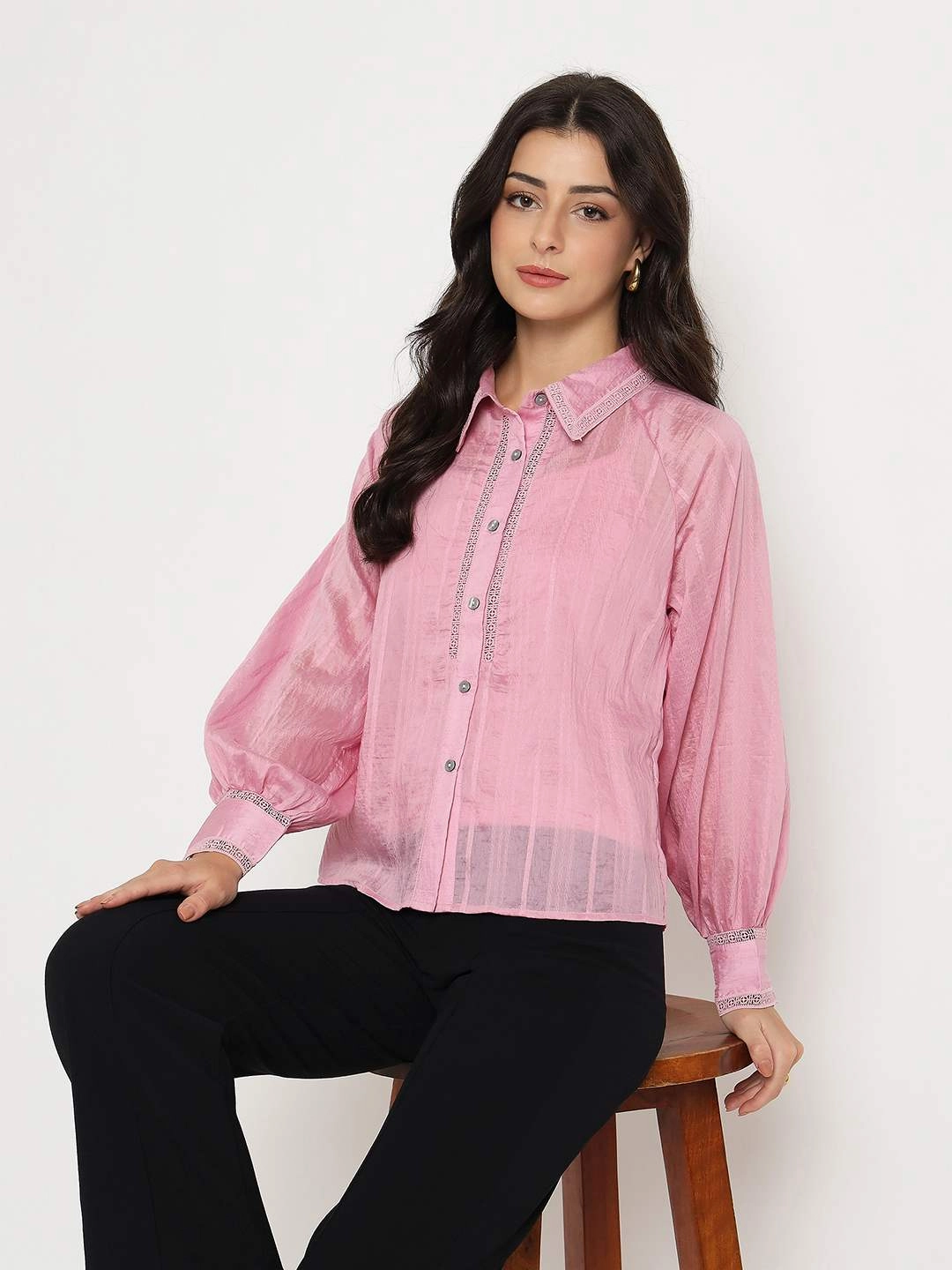 Boho chic Madame Textured Nylon Blend Pink Full Sleeve Shirt
