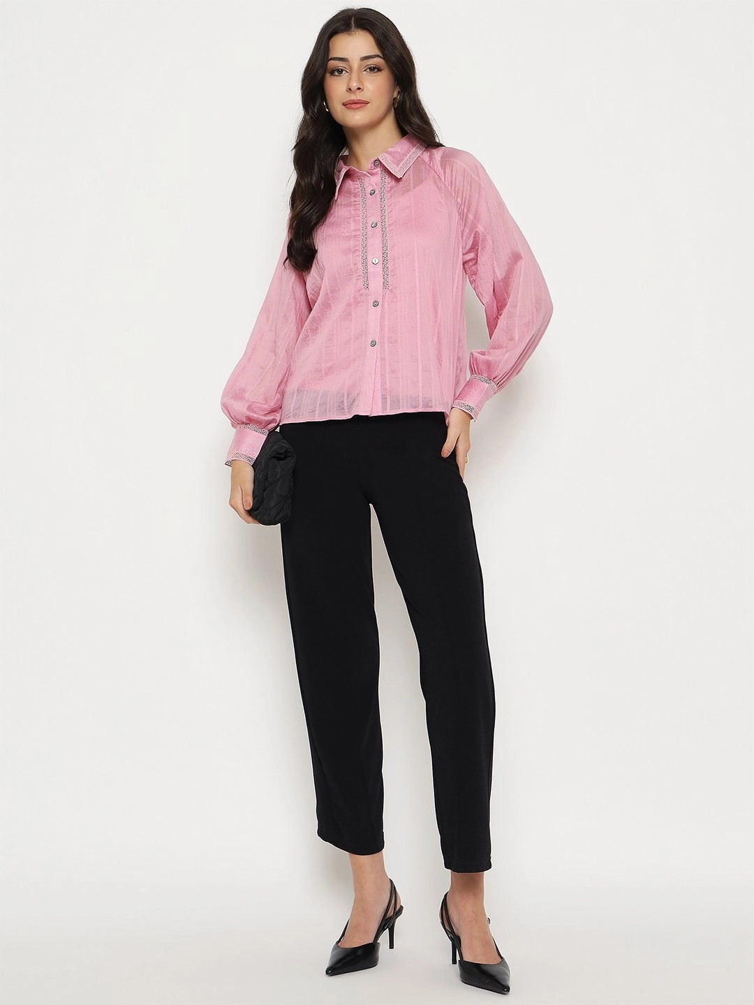 Moisture Wicking Material Madame Textured Nylon Blend Pink Full Sleeve Shirt