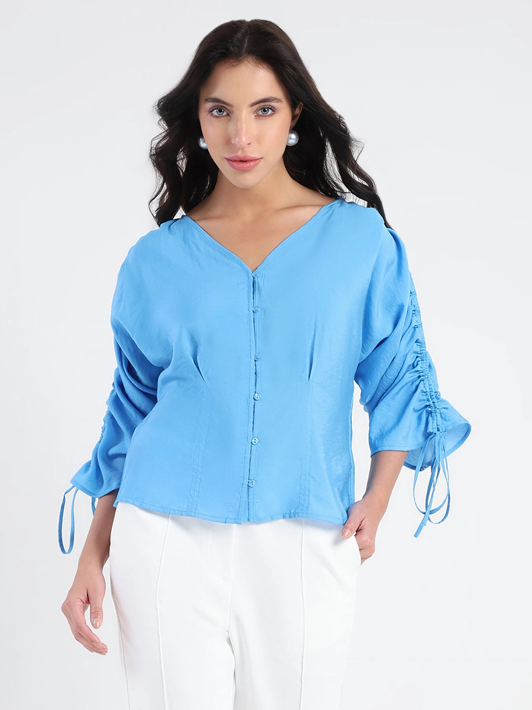 Curved Hemline TailoredCut Madame Textured Ruched Sleeve Powder Blue Nylon Blend Top