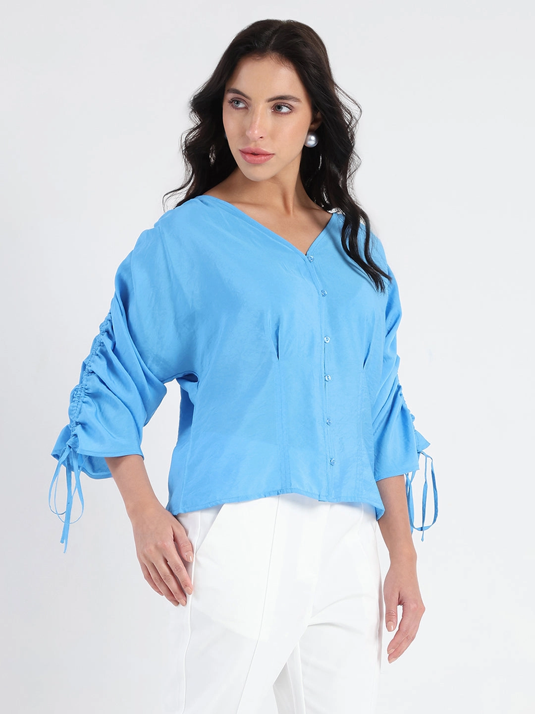 NonRestrictive Neutral Tone Stitching Madame Textured Ruched Sleeve Powder Blue Nylon Blend Top
