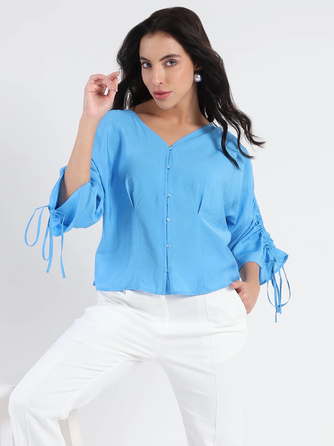 BondedSeams Madame Textured Ruched Sleeve Powder Blue Nylon Blend Top