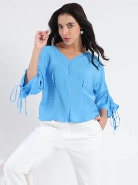 BondedSeams Madame Textured Ruched Sleeve Powder Blue Nylon Blend Top
