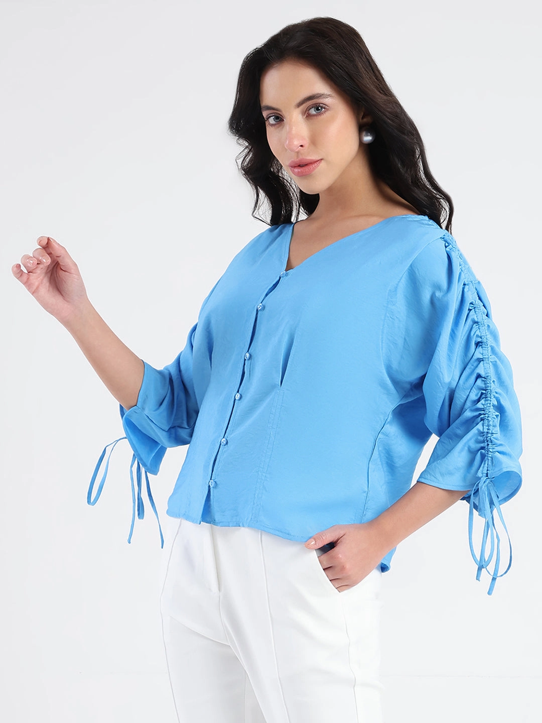 HighCollar Design Button Down Collar Style Madame Textured Ruched Sleeve Powder Blue Nylon Blend Top