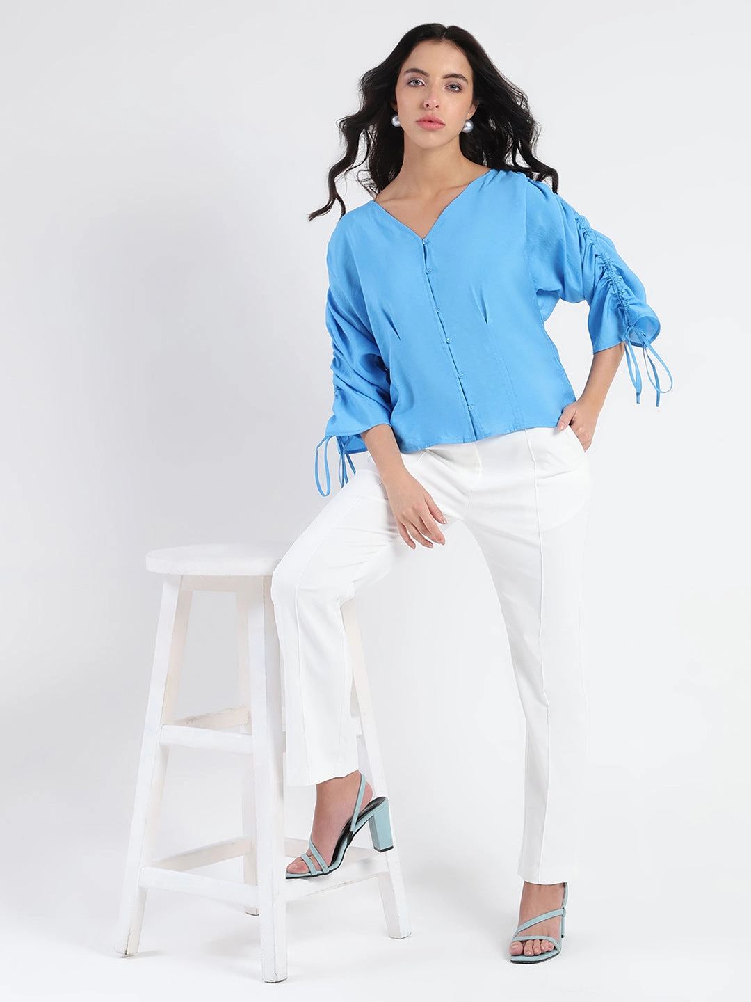 Madame Textured Ruched Sleeve Powder Blue Nylon Blend Top Thermal Regulating Design AthleisureInspired