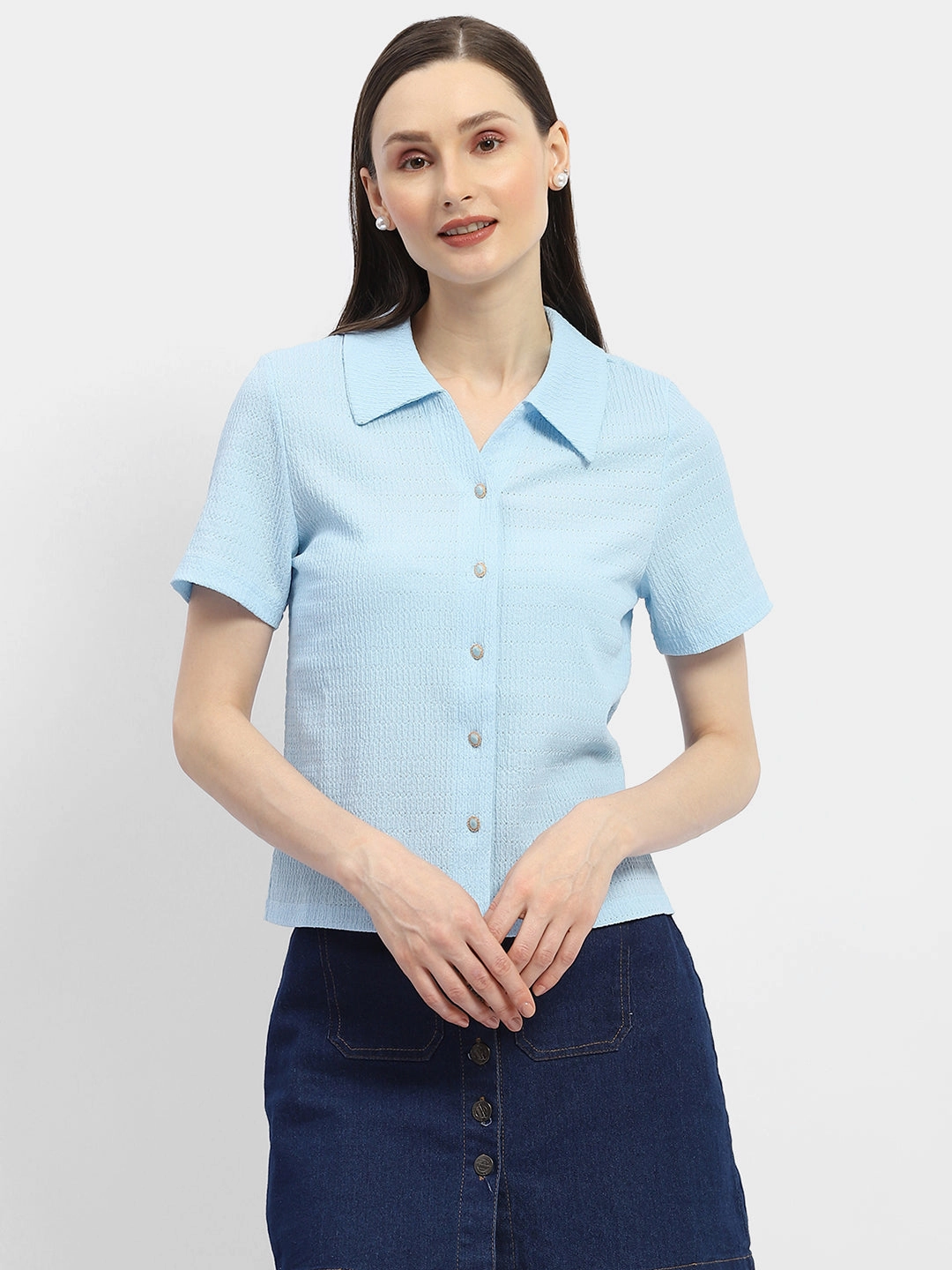 hypoallergenic Madame Textured Sky Blue Half Sleeve Shirt