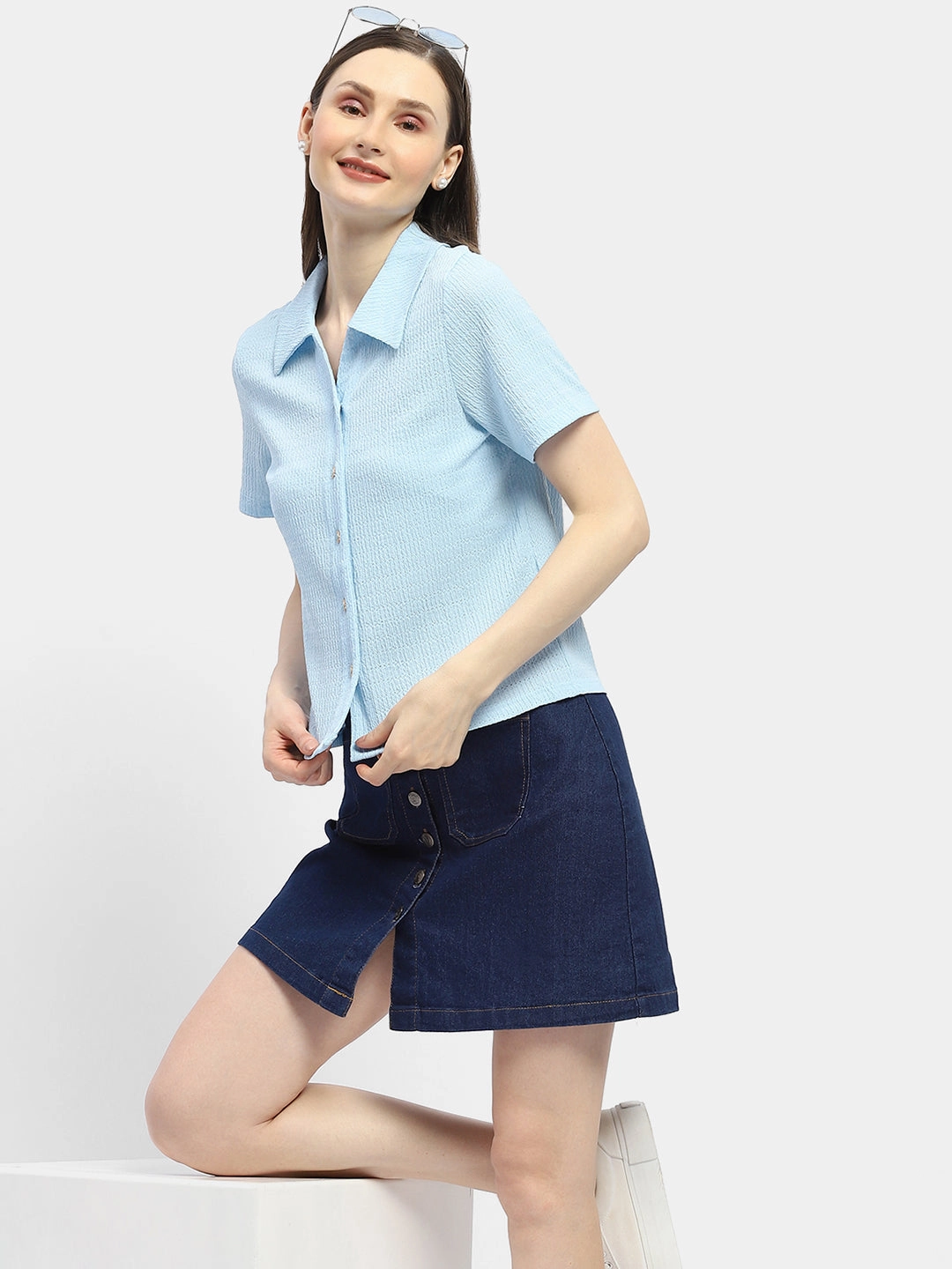 Refined Aesthetic Fade Resistant Formula Madame Textured Sky Blue Half Sleeve Shirt